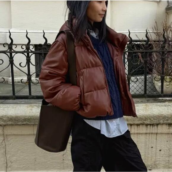 Oof Wear Brown Faux Leather Puffer Jacket SIZE 6 Hoodie Oversized Designer $428 - Picture 6 of 14